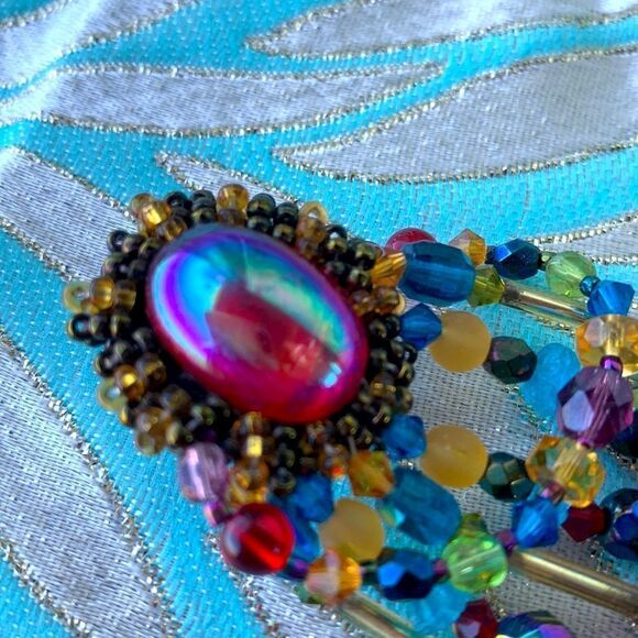 Multi color glass artisan beaded festoon chandelier earrings clip back red - Picture 5 of 10